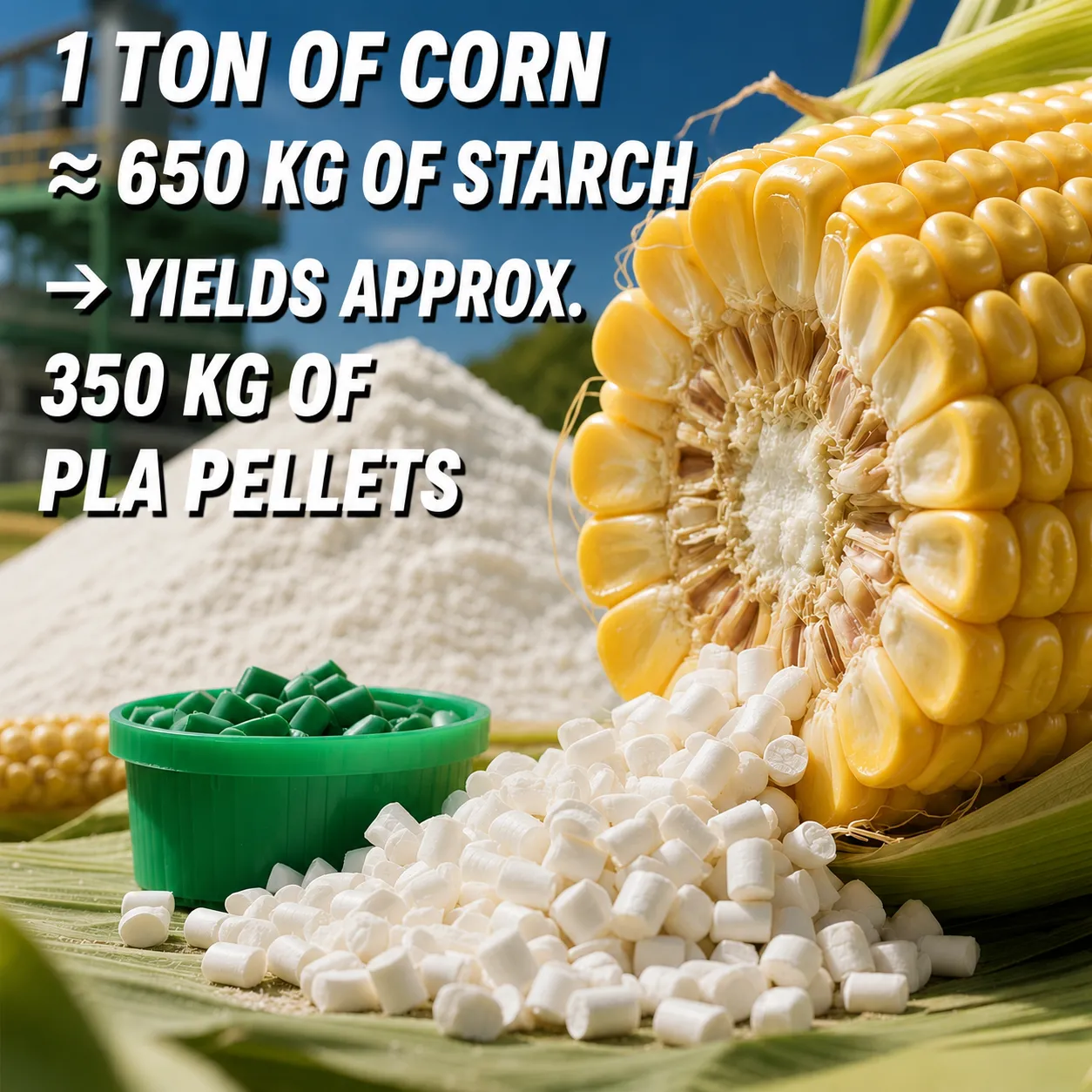 PLA raw material yield from corn starch to pellets for filament manufacturing cost analysis