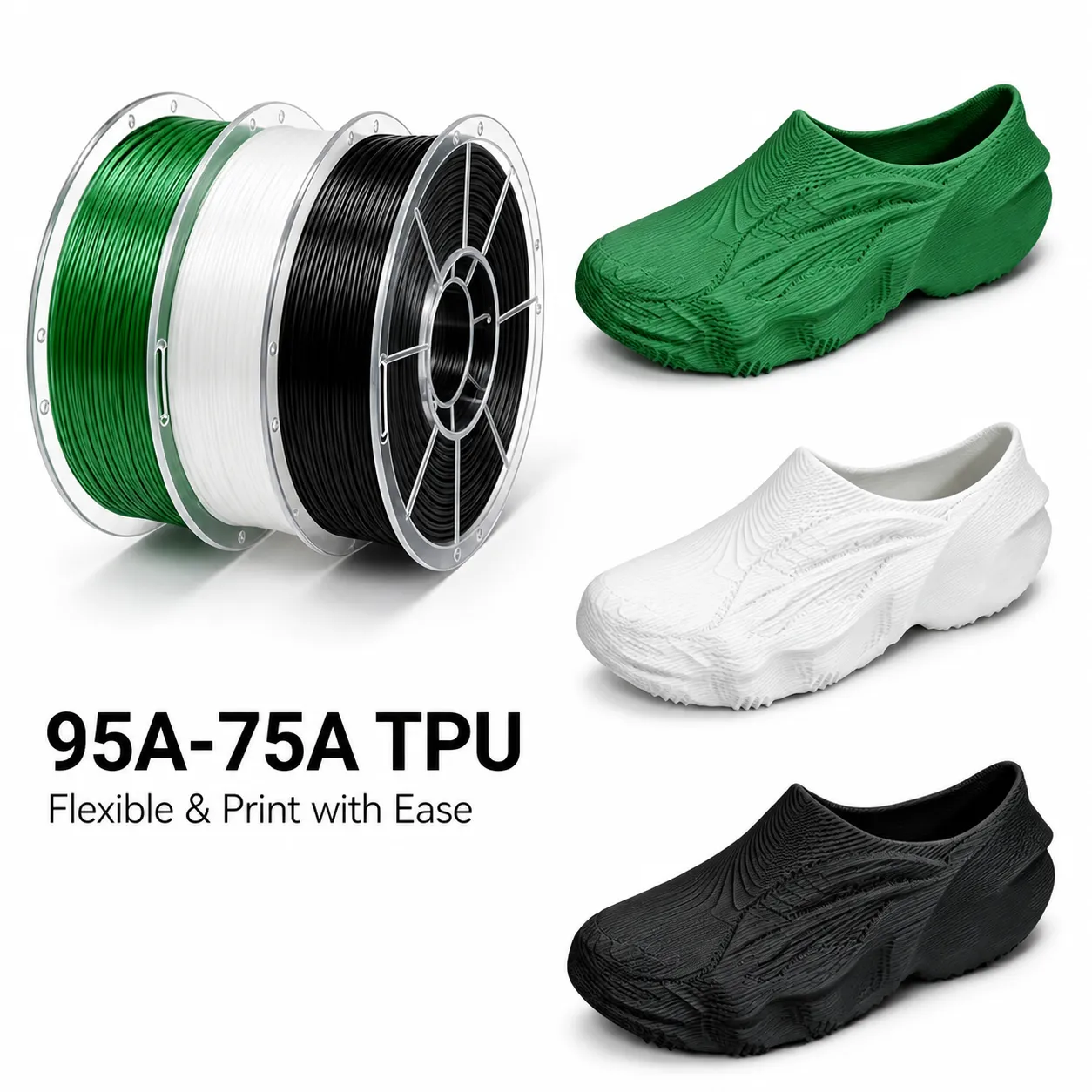 TPU 95A to 75A flexible filament spools and printed shoe samples